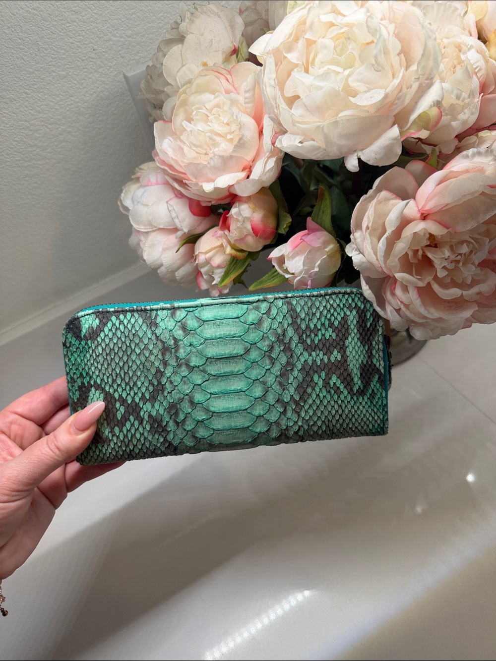 Green Python Skin Zip Wallet